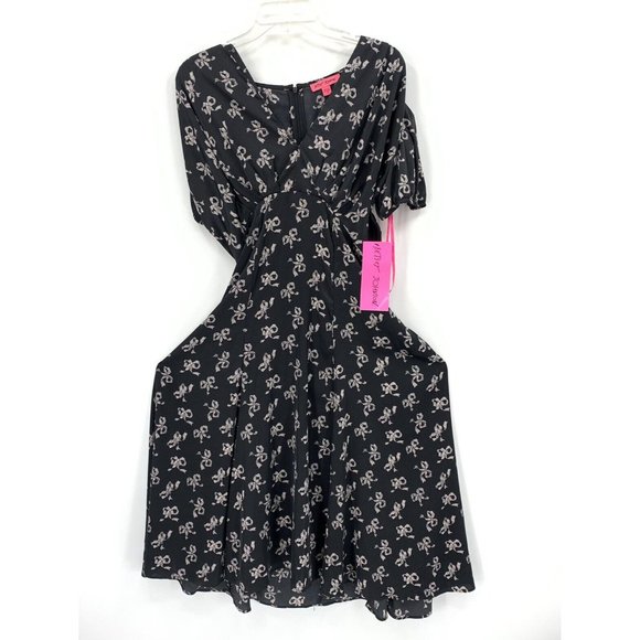 Betsey Johnson Dresses & Skirts - Betsey Johnson Retro Fit Flare Dress Black Pink Bow Print Womens 10 NWT